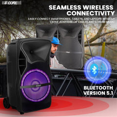 5 CORE 12 Inch TWS PAIR Bluetooth Party Speakers 500 Watt Portable Karaoke PA System Rechargeable Loud Speaker + Tripod Stand & 2x Wireless Mics LED Light Active Home 12 2-MIC