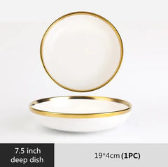 High-quality Matte Gilt Rim White Porcelain Dinner Tray Kitchen Plates Ceramic Tableware Food Dishes Rice Salad Noodles Bowl