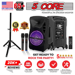 5 CORE 12 Inch TWS PAIR Bluetooth Party Speakers 1000 Watt Portable Karaoke PA System Rechargeable Loud Speaker + 2x Tripod Stand 4x Wireless Mics LED Light Active Home 12 2-MIC 2PCS