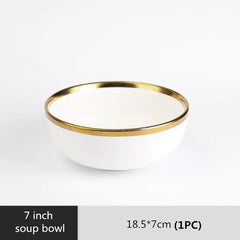 High-quality Matte Gilt Rim White Porcelain Dinner Tray Kitchen Plates Ceramic Tableware Food Dishes Rice Salad Noodles Bowl