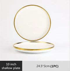 High-quality Matte Gilt Rim White Porcelain Dinner Tray Kitchen Plates Ceramic Tableware Food Dishes Rice Salad Noodles Bowl