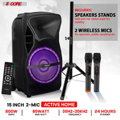 5 CORE 15 Inch TWS PAIR Bluetooth Party Speakers 800 Watt Portable Karaoke PA System Rechargeable Loud Speaker + Tripod Stand 2x Wireless Mics LED Light Active Home 15 2-MIC