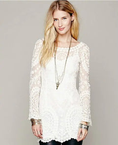 Flower pattern long sleeve loose hook hollow out sexy lace dress elegant sexy