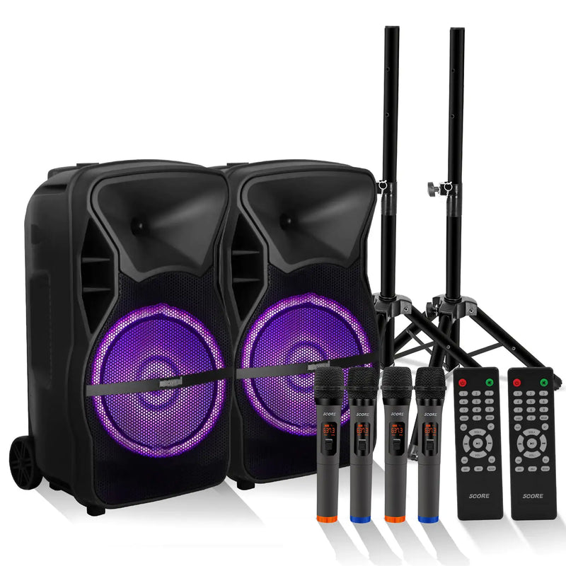 5 CORE 12 Inch TWS PAIR Bluetooth Party Speakers 1000 Watt Portable Karaoke PA System Rechargeable Loud Speaker + 2x Tripod Stand 4x Wireless Mics LED Light Active Home 12 2-MIC 2PCS