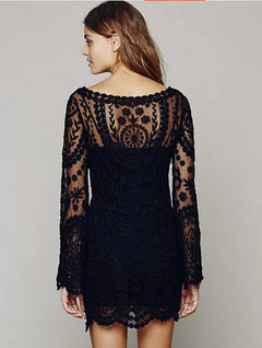 Flower pattern long sleeve loose hook hollow out sexy lace dress elegant sexy