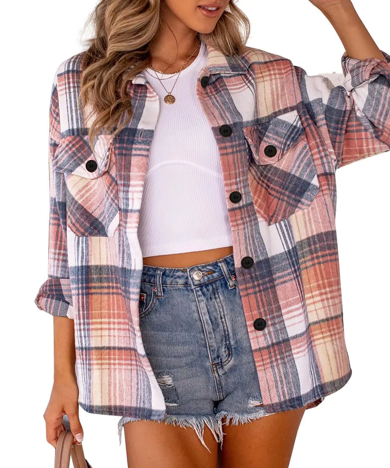 Womens Fall Outfits Fashion Clothes Shackets Flannel Plaid Button Down Long Sleeve Shirts Jackets 2024 Bluepink X-Small