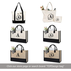 Personalized Initial Canvas Beach Bag, Monogrammed Gift Tote Bag for Women Black & White H