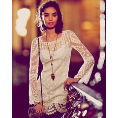 Flower pattern long sleeve loose hook hollow out sexy lace dress elegant sexy