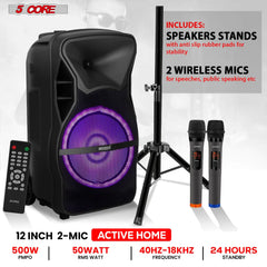 5 CORE 12 Inch TWS PAIR Bluetooth Party Speakers 1000 Watt Portable Karaoke PA System Rechargeable Loud Speaker + 2x Tripod Stand 4x Wireless Mics LED Light Active Home 12 2-MIC 2PCS