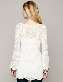 Flower pattern long sleeve loose hook hollow out sexy lace dress elegant sexy