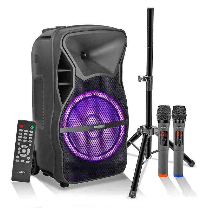 5 CORE 12 Inch TWS PAIR Bluetooth Party Speakers 500 Watt Portable Karaoke PA System Rechargeable Loud Speaker + Tripod Stand & 2x Wireless Mics LED Light Active Home 12 2-MIC