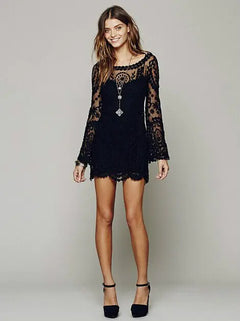 Flower pattern long sleeve loose hook hollow out sexy lace dress elegant sexy