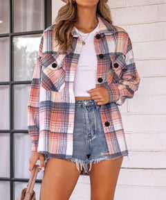 Womens Fall Outfits Fashion Clothes Shackets Flannel Plaid Button Down Long Sleeve Shirts Jackets 2024 Bluepink X-Small