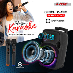 5 CORE 8 Inch TWS PAIR Bluetooth Party Speakers 250 Watt Portable Karaoke PA System Rechargeable Loud Speaker + Tripod Stand & 2x Wireless Mics LED Light Active Home 8 2-MIC