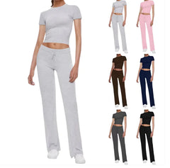 Women Solid Color T-shirt Casual Pants Suit