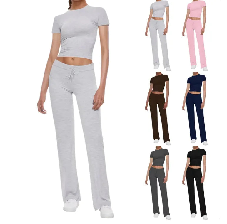 Women Solid Color T-shirt Casual Pants Suit