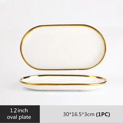 High-quality Matte Gilt Rim White Porcelain Dinner Tray Kitchen Plates Ceramic Tableware Food Dishes Rice Salad Noodles Bowl